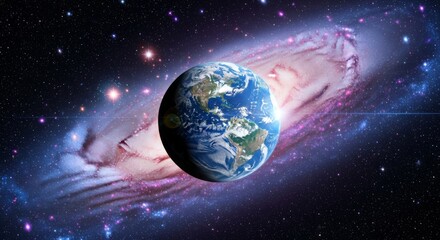 Obraz premium Planet Earth floating in cosmic space surrounded by stars, galaxies, and nebula clouds representing universe, astronomy, solar system, and celestial exploration