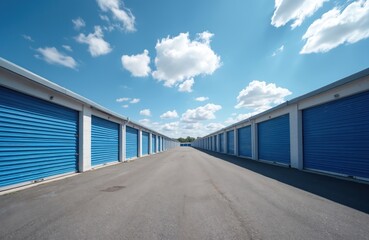 Rows of identical self storage units with blue roll up doors under bright blue sky with white clouds. Industrial facility offers secure rental space for belongings. Driveway between buildings