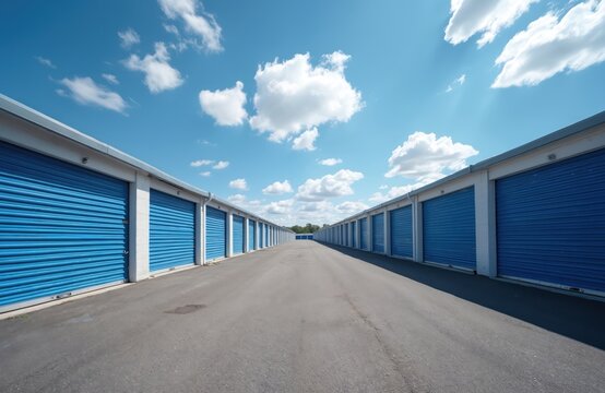 Rows of identical self storage units with blue roll up doors under bright blue sky with white clouds. Industrial facility offers secure rental space for belongings. Driveway between buildings