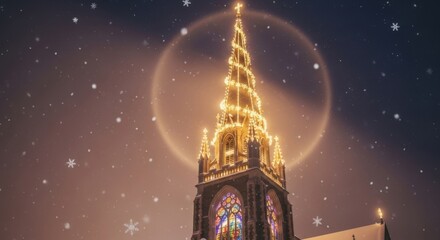 Experience the magic of Christmas with a stunning church steeple illuminated by warm festive lights during a gentle snowfall on a silent night