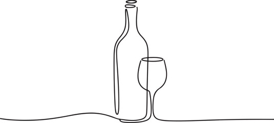 Wine bottle and wine glass drawing with one continuous line, Continuous line one drawing of wine bottle with wineglass. one line Icon drawing with white background