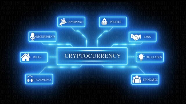 Cryptocurrency concept diagram showing governance policies laws regulation transparency standards requirements and rules with glowing neon icons on a dark digital binary code background