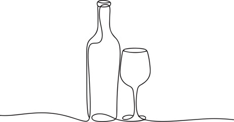 Wine bottle and wine glass drawing with one continuous line, Continuous line one drawing of wine bottle with wineglass. one line Icon drawing with white background