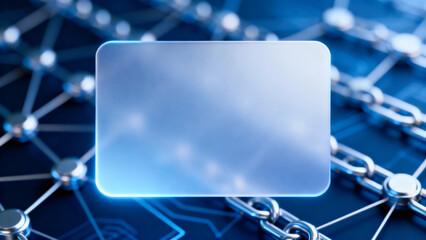 Glowing translucent panel floats above a metallic blockchain-style network, symbolizing digital security, data interfaces, and emerging tech.