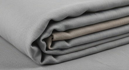 Folded gray linen fabric, showcasing its texture and natural color, ideal for backgrounds, textiles, and design projects