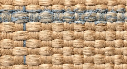 Close up of a woven jute rug with blue stripes, showing the texture and pattern of the natural fiber material for home decor