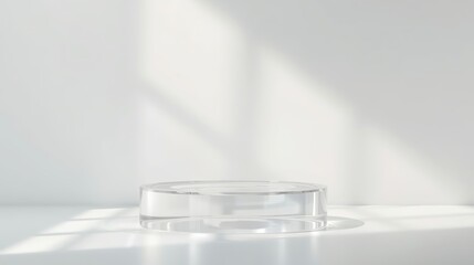 Minimalist clear product display stand with elegant light and shadow for showcasing beauty and skincare products in a bright, modern setting