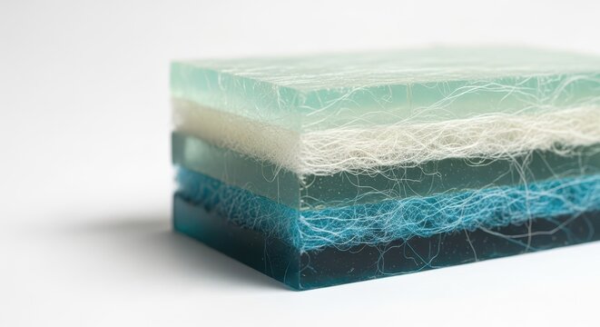 A block of layered resin and fiber, isolated on white background, showing the different colors and textures of the composite material