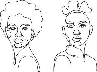 Set of Line art portrait African American women. Continuous one line drawing woman face isolated on white for logo. one line Icon drawing with white background