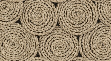 A mesmerizing closeup of coiled rope circles, showcasing intricate patterns and natural textures, creating a visually appealing and tactile surface design
