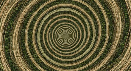 Hypnotic spiral pattern of woven strands creating an optical illusion with concentric circles and a sense of depth and movement, abstract design
