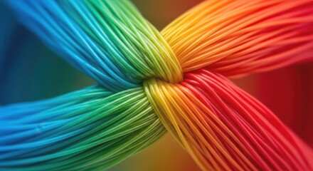 Vibrant rainbow colored cords intertwined in a knot, symbolizing unity, diversity, and connection with a blurred background and soft lighting
