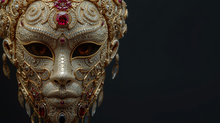 Detailed side-profile close-up of a luxurious mask or face sculpture made of filigree gold, encrusted with brilliant diamonds, rubies, and sapphires.