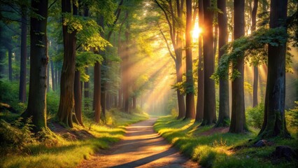 Fototapeta premium A warm sunlight casts dappled shadows on a serene forest path, inviting exploration and tranquility