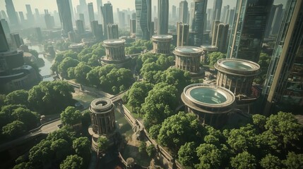 Explore a stunning futuristic cityscape where nature thrives amidst towering modern architecture, showcasing sustainable urban living and green spaces for inspiration