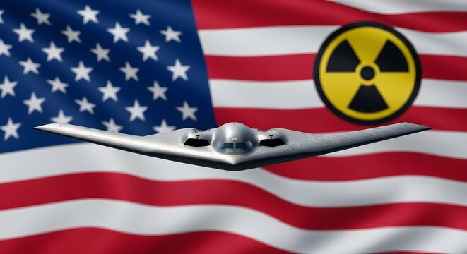B-2 Stealth Bomber and Nuclear Symbol on American Flag Background