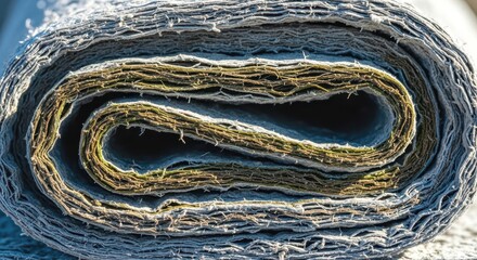 Rolled up gray and brown paper layers, revealing the texture and pattern of the material, ideal for artistic projects and backgrounds