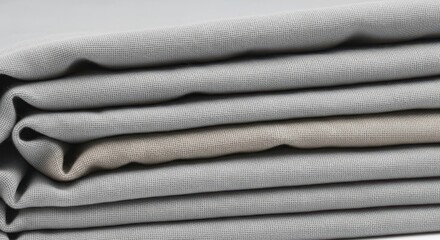 Neatly stacked pile of folded gray linen fabric, showcasing a soft and neutral texture perfect for textile and design applications