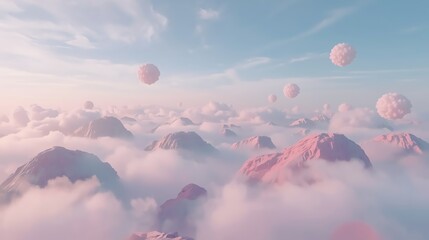 Dreamy pink mountain landscape floating in soft clouds, evokes peace and tranquility, perfect for wellness brands or ethereal designs, truly inspirational