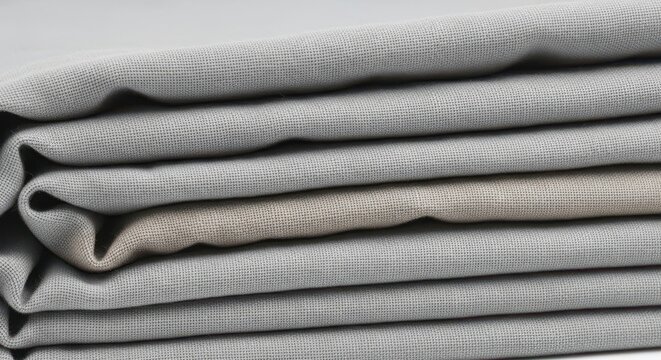 Neatly stacked pile of folded gray linen fabric, showcasing a soft and neutral texture perfect for textile and design applications