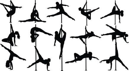 Pole dance silhouette vector set showing acrobatic poses, flexibility, strength, fitness art, and dynamic movement illustrations.