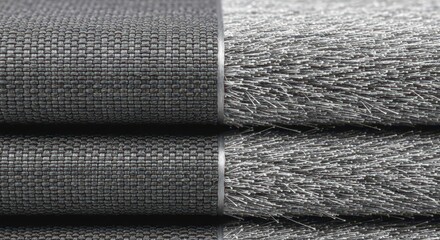 A closeup shot showcasing the intricate details of two distinct gray fabric textures, highlighting the contrast between their weaves