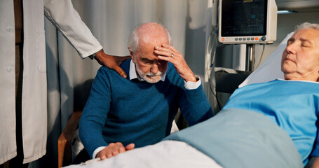 Comfort, old people and doctor with bad news in hospital bed for loss, console or passing of...