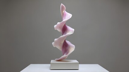 Iridescent pink spiral art sculpture on white pedestal in minimal modern gallery interior abstract contemporary decor