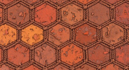 Hexagonal terracotta tiles connected by rope, creating a rustic and textured surface for backgrounds, mosaics, or unique design elements