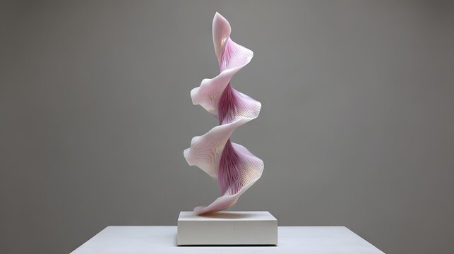 Iridescent pink spiral art sculpture on white pedestal in minimal modern gallery interior abstract contemporary decor