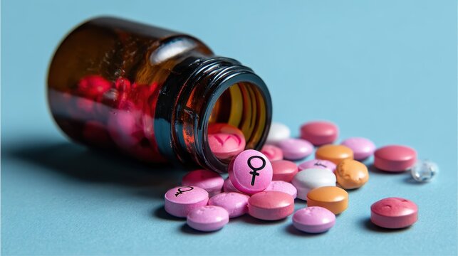 Colorful pills spill from a brown bottle with female symbols on a blue surface representing women's health and wellness