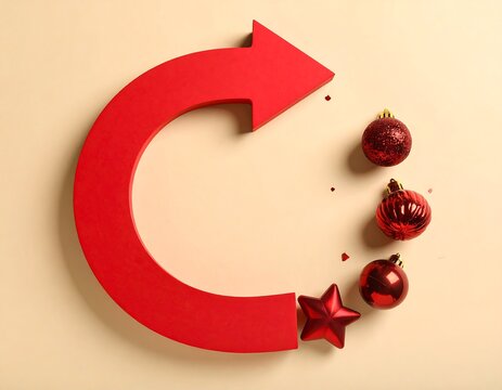Overhead shot of a curved red arrow and Christmas ornaments on a tan surface