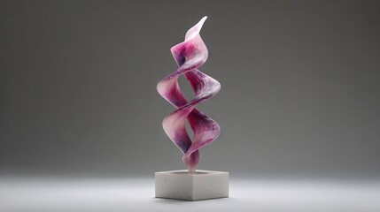 Iridescent pink spiral art sculpture on white pedestal in minimal modern gallery interior abstract contemporary decor