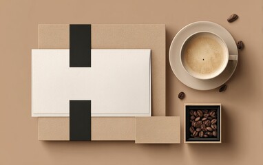 Coffee packaging mockup with cup and beans saucer