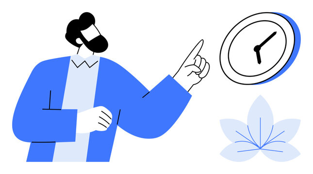 Man wearing a blue jacket pointing at a floating clock, accompanied by a delicate flower. Ideal for time management, mindfulness, scheduling, work-life balance, productivity, focus, and simplicity