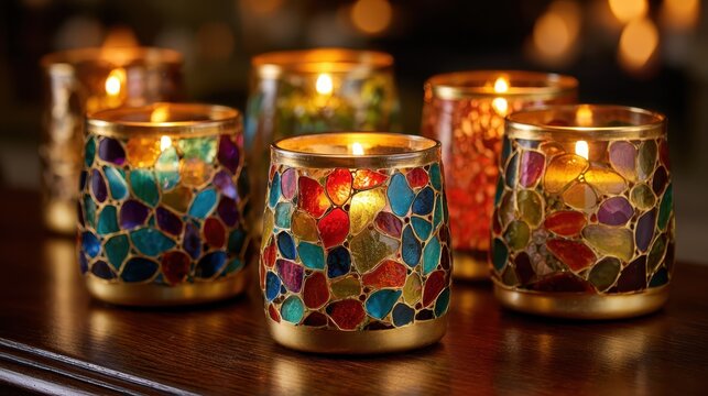 Colorful mosaic candle holders illuminate a cozy setting during a warm evening gathering in a home
