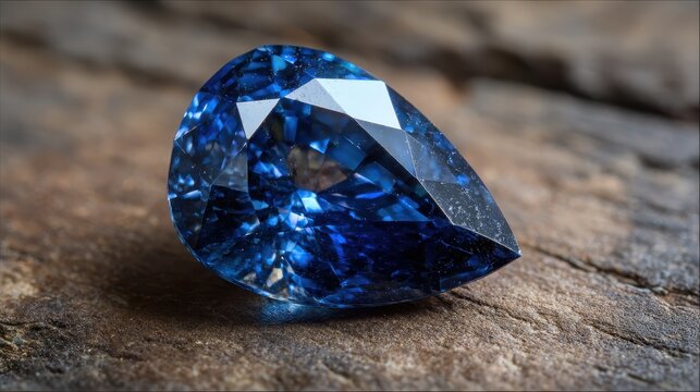 Brilliant blue gemstone resting on a rustic wooden surface, showcasing intricate cuts and reflections in natural light