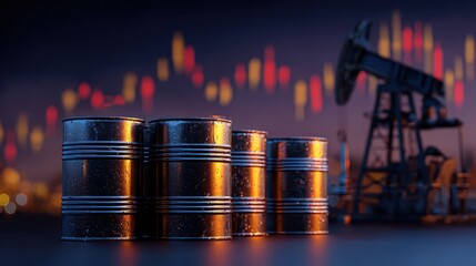 Dark industrial scene with oil barrels and rig against a glowing trading chart background at night