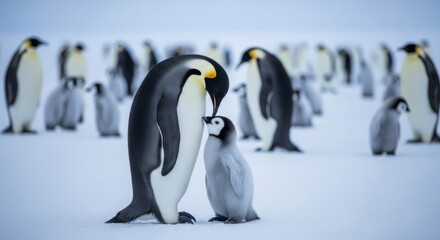 Emperor penguin with chick in antarctica colony standing on snow covered ground in a group setting