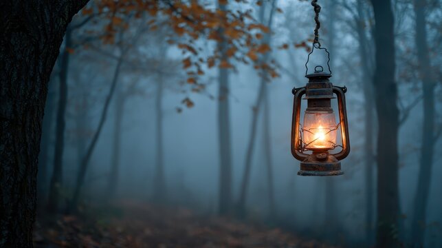 Lantern glows softly in foggy forest at dusk casting warm light among tall trees