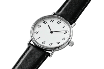 Silver-cased wrist watch, white face, black leather band