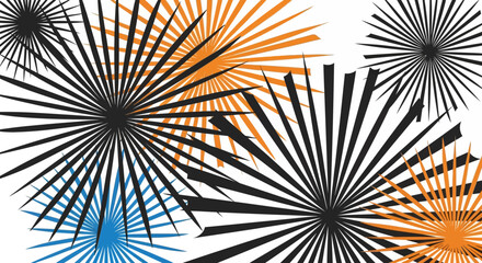 Dynamic starburst pattern in bold black, orange, and blue hues for vibrant backgrounds or attention-grabbing designs and exciting visual effects