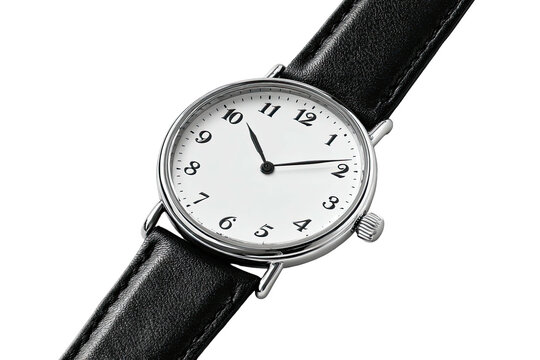 Silver-cased wrist watch, white face, black leather band