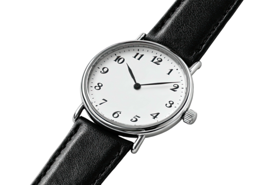 Silver-cased wrist watch, white face, black leather band