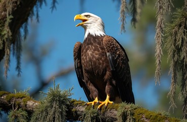 Obraz premium Bald eagle in natural habitat. Majestic bird sits on tree branch. American symbol with white head brown feathers and yellow beak. Wildlife photo on blue sky background.