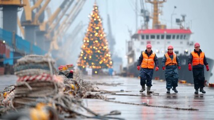Workers Prepare for Christmas at the Busy Port as Festive Decorations Brighten the Day