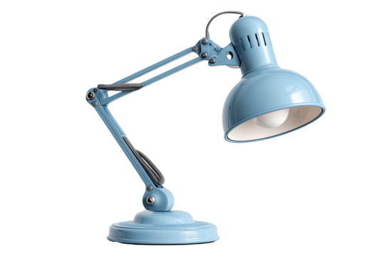 Blue adjustable desk lamp with a white bulb and black background