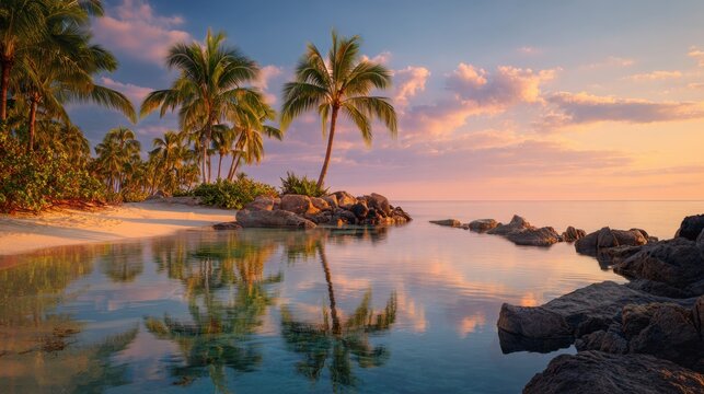 Serene beach at sunset with palm trees and calm water reflecting the sky near a rocky shoreline - Powered by Adobe