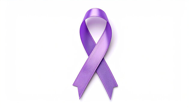 Purple ribbon on white background, symbol for awareness.
