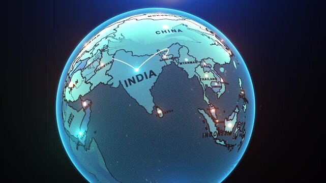 A digital 3D map highlighting India, surrounded by neighboring countries, Myanmar, Thailand, Pakistan, Iran, China, Bangladesh, Afganistan, Asia, animation
